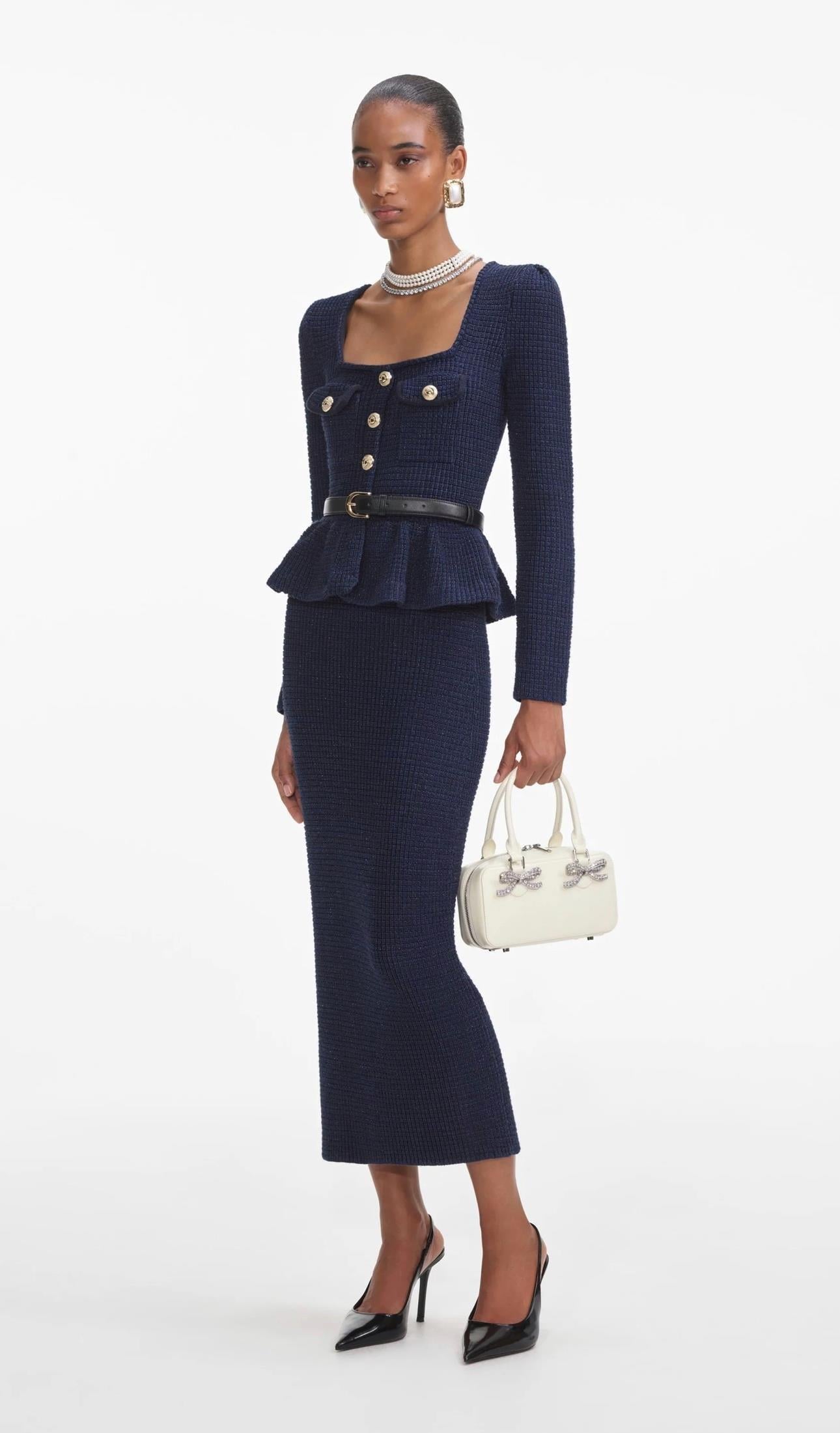 TASARIM PEPLUM DETAYLI DÜPMELİ LACİVERT KALEM MİDİ ELBİSE