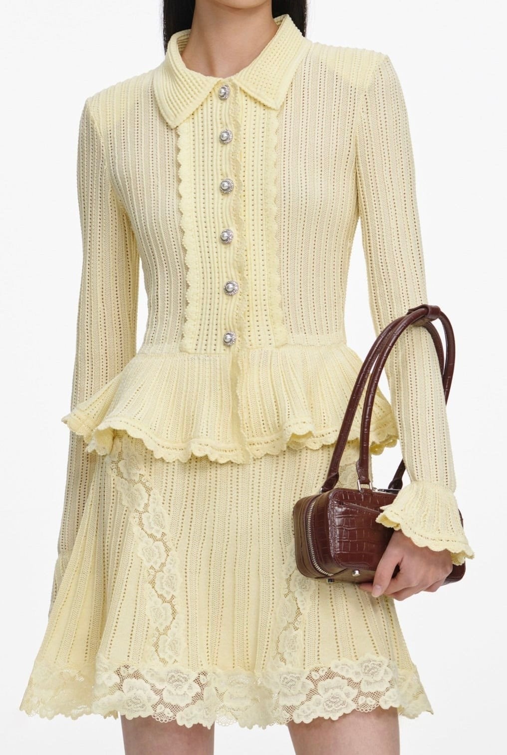 TASARIM PEPLUM DETAYLI SARI MİNİ TRİKO ELBİSE