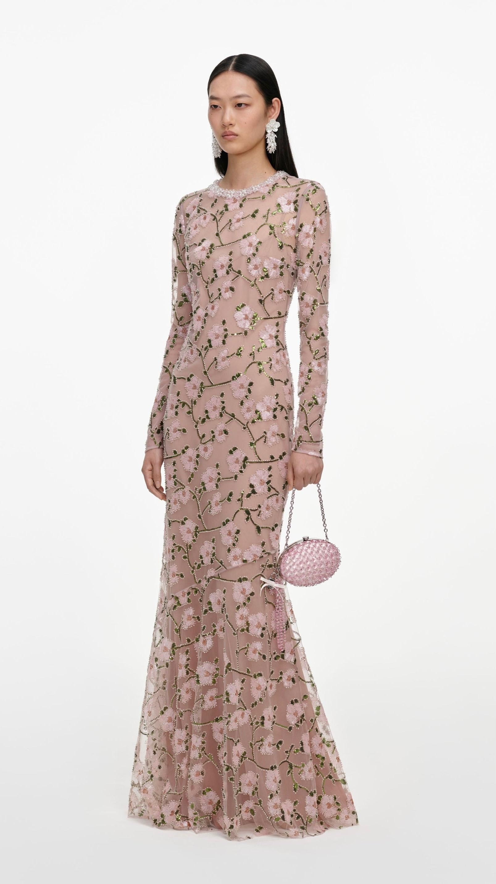 TASARIM PREMİUM ÇİÇEK PAYETLİ PEMBE MAKSİ ELBİSE