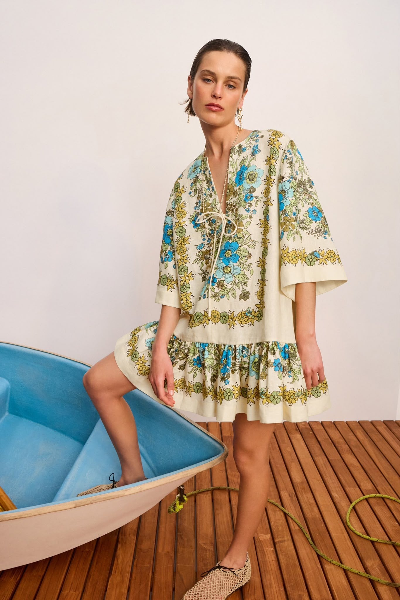 TASARIM PREMİUM KETEN ÇİÇEK DESENLİ MİNİ ELBİSE