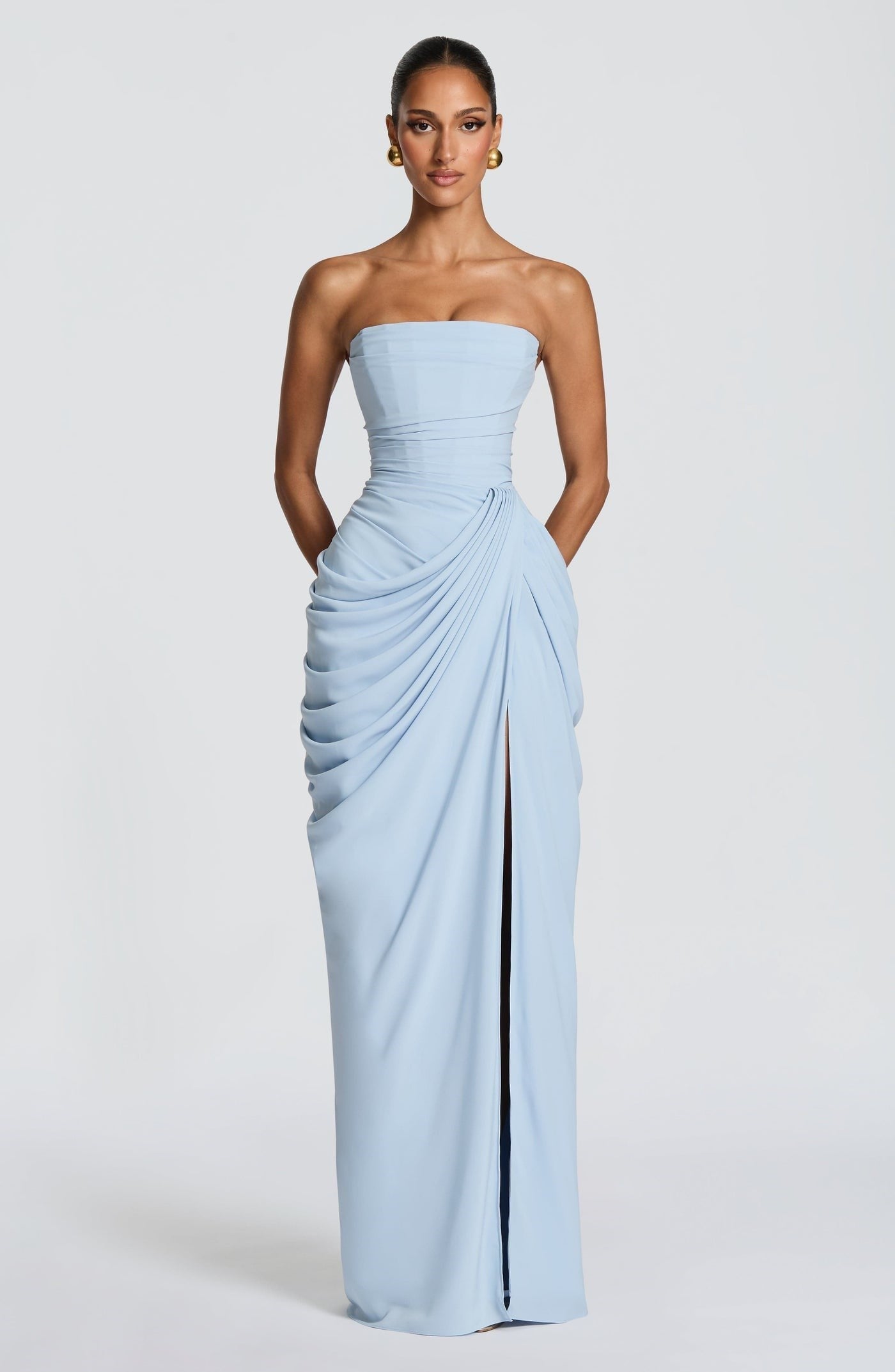 TASARIM SIRTI DRAPE DETAYLI YIRTMAÇLI BEBE MAVİSİ ELBİSE
