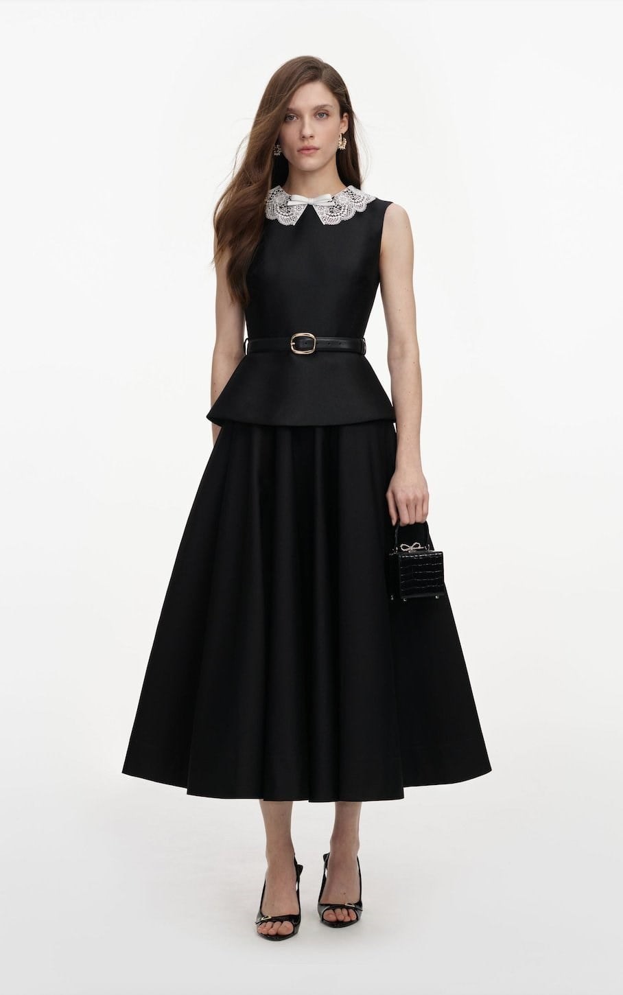 TASARIM SİYAH PEPLUM DETAYLI KEMERLİ MİDİ ELBİSE