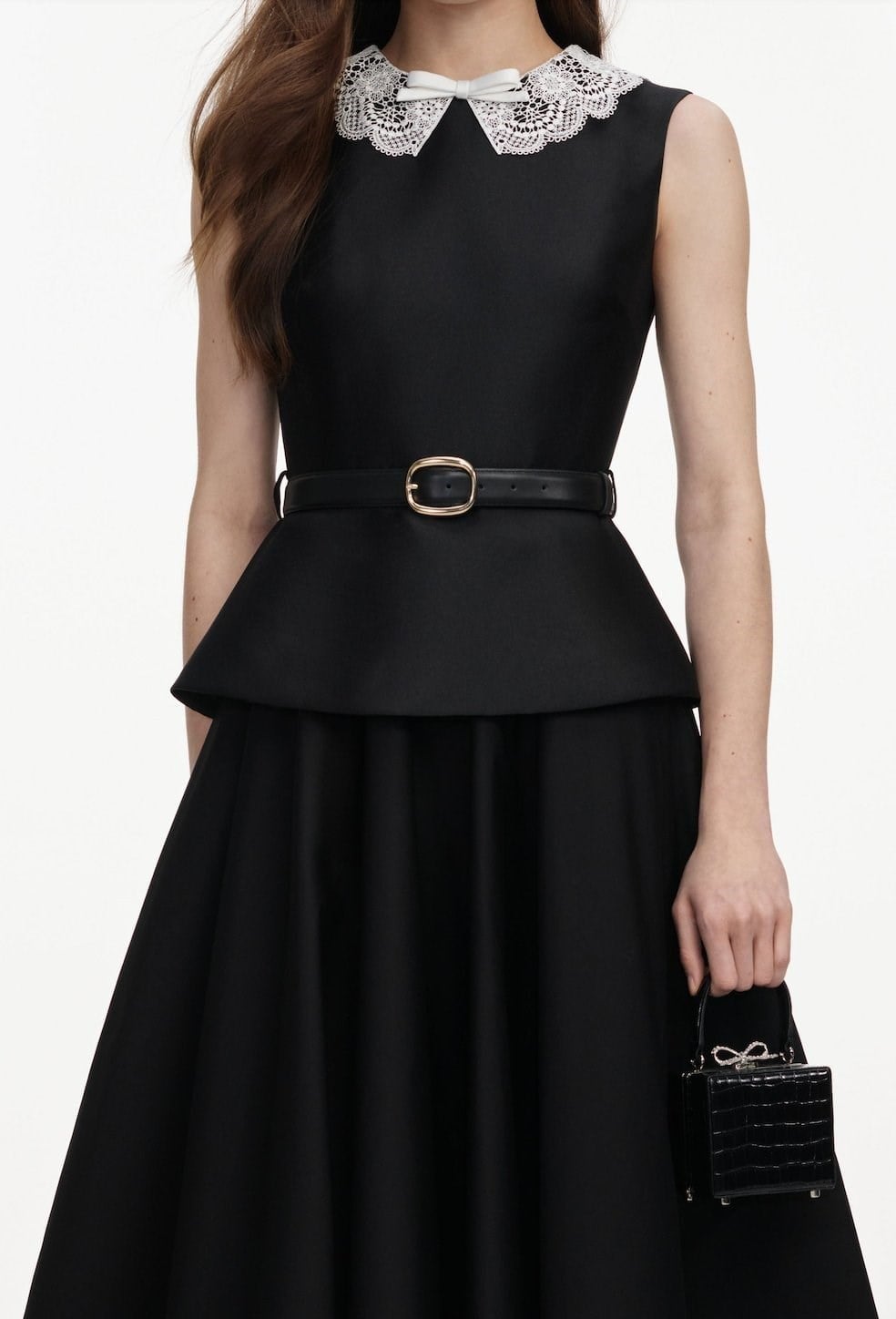TASARIM SİYAH PEPLUM DETAYLI KEMERLİ MİDİ ELBİSE