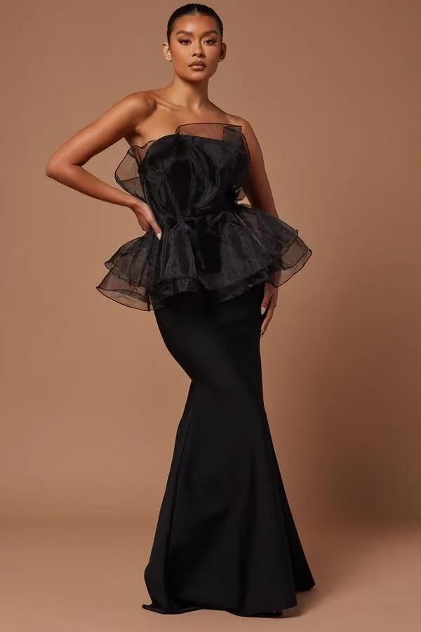 TASARIM TÜL PARÇALI PEPLUM DETAYLI STRAPLEZ SİYAH MAKSİ ELBİSE
