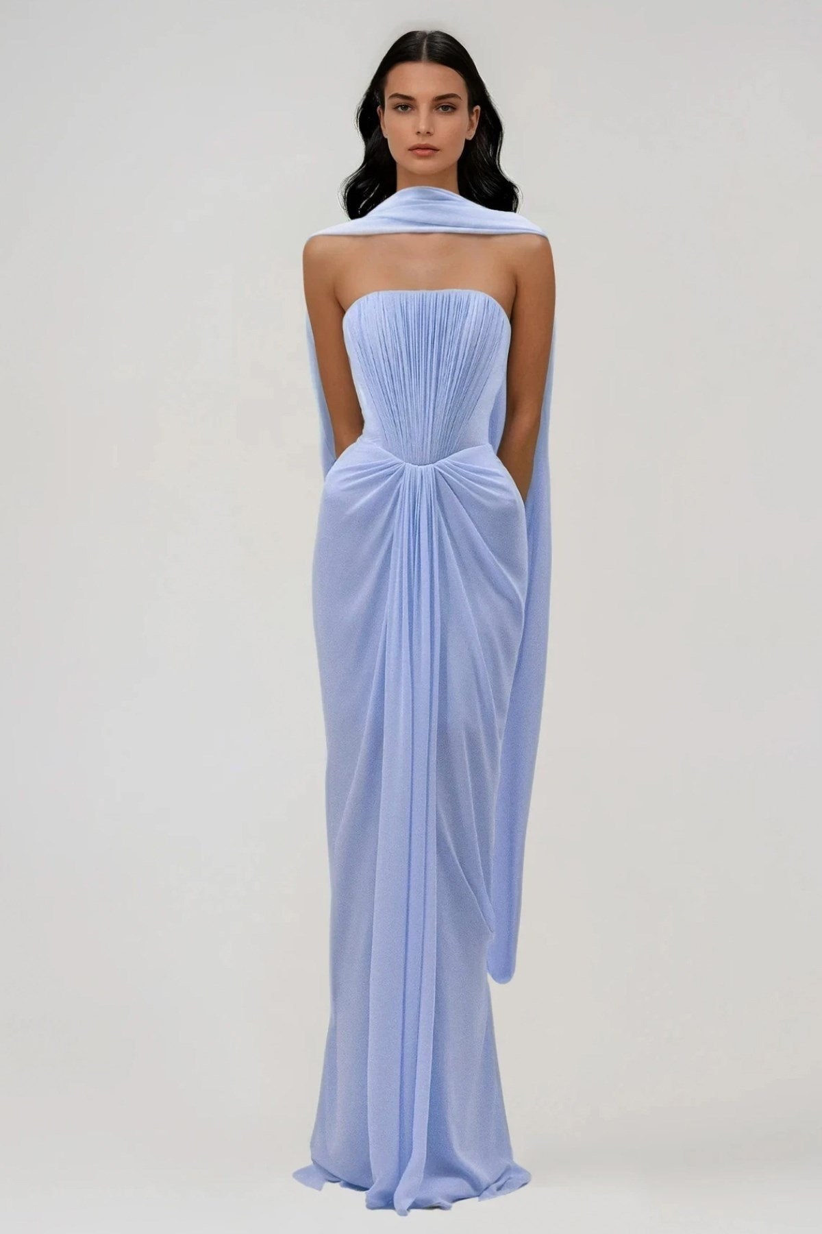 TASARIM ÜSTÜ KORSE ETEĞİ DRAPE DETAYLI BEBE MAVİSİ MAKSİ ELBİSE