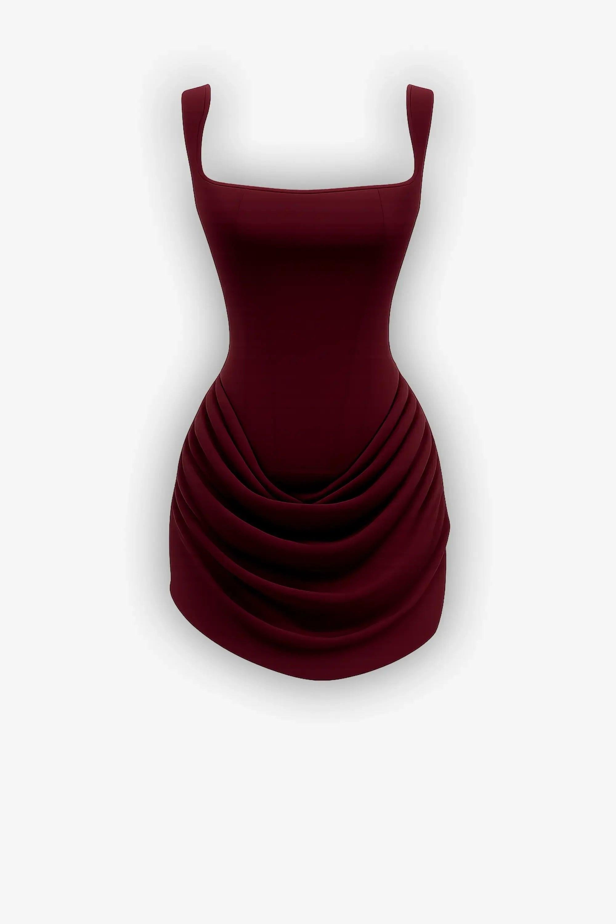 TASARIM ÜSTÜ KORSE ETEĞİ DRAPE DETAYLI BORDO MİNİ ELBİSE