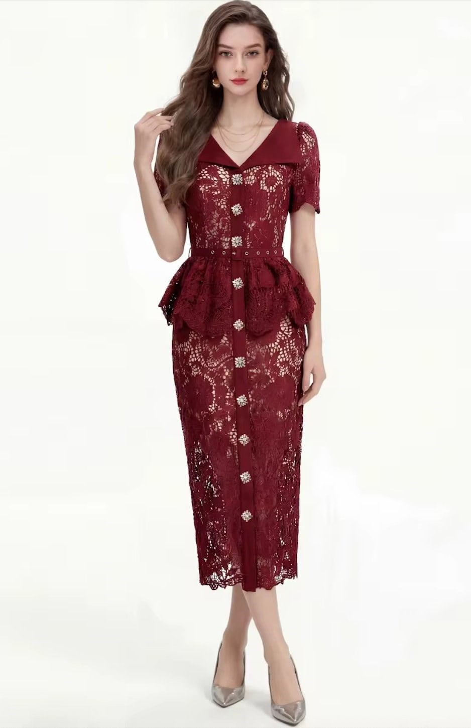 YASARIM PEPLUM DETAYLI KEMERLİ KIRMIZI DANTEL DETAYLI MİDİ ELBİSE