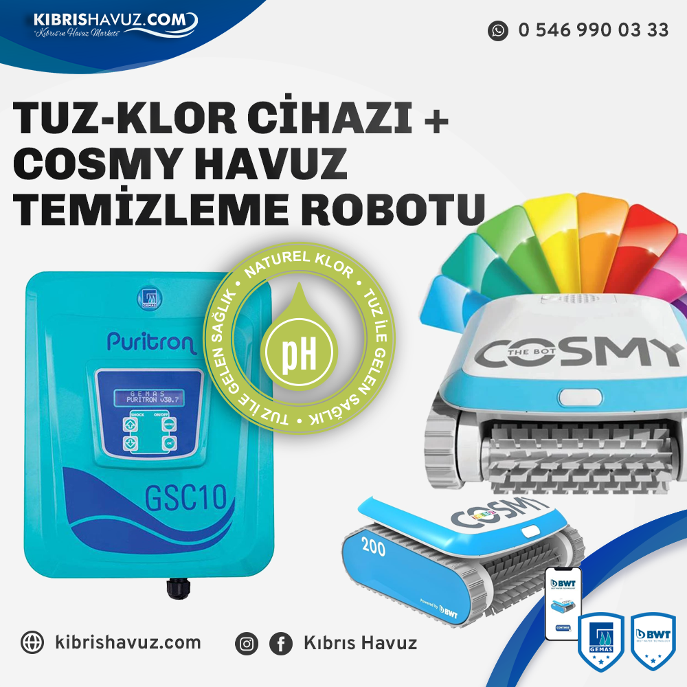 Tuz Klor Cİhazı + Cosmy 250 Tam Otomatik Havuz Robotu+ Test Kit ve Termometre Hediyeli | Havuz Temizlik Setleri | Tuz Klor Cİhazı + Cosmy 250 Tam Otomatik Havuz Robotu+ Test Kit ve Termometre Hediyeli | kibrishavuz.com