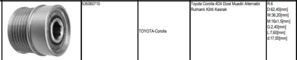 Alt Kasnağı 6Pk Toyota Corolla D4d Uzun