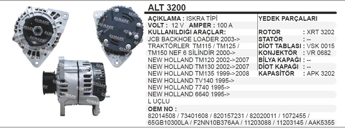 Alternatör 12V 100Ah Jcb Newholland Iskra Tip Backhoe Loader 2003 New Holland Tm120 Tm130 2002 Tv140 (Ia1019 11203042) Alt3200