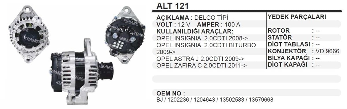 Alternatör 12V 100Ah Opel Astra Alt121