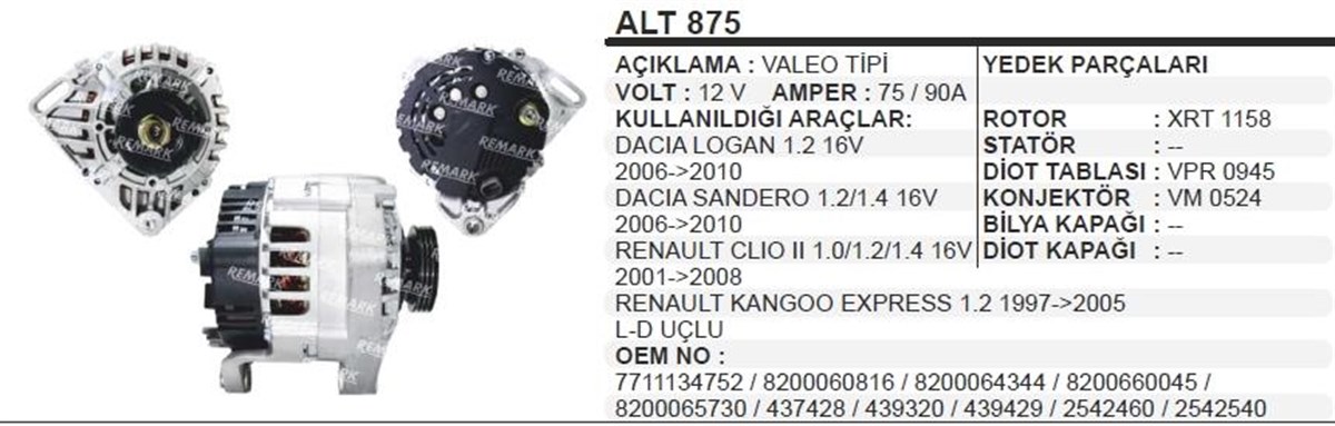 Alternatör 12V 110Ah Dacia Logan Clio Kango Kulaktan Gergili Alt875