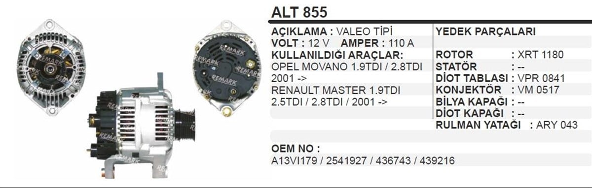 Alternatör 12V 110Ah Opel Monova Master Alt855