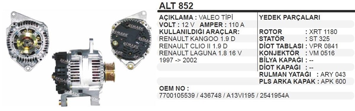 Alternatör 12V 110Ah Renault Clio Megan Alt852