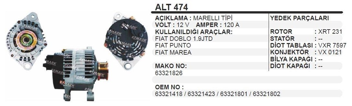 Alternatör 12V 120Ah  Doblo 1,9 Marea Punto Ducato