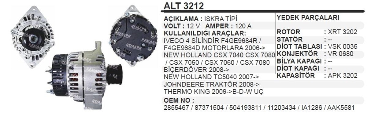 Alternatör 12V 120Ah New Holland/Iveco 2 Kulak Biri Kalın Biçer Döver