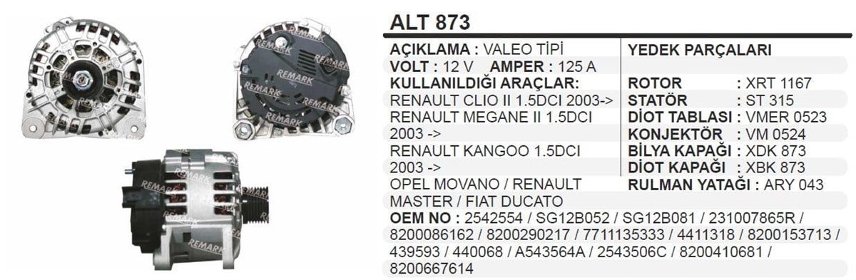Alternatör 12V 125Ah Reno Clio Megan Valeotip Valeo406770