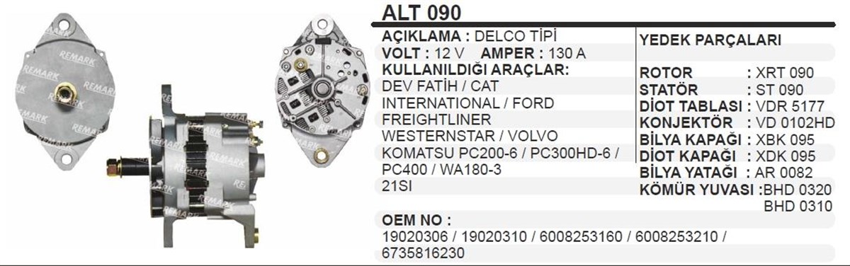 Alternatör 12V 130Ah Bmc Fatih Caterpil Alt090