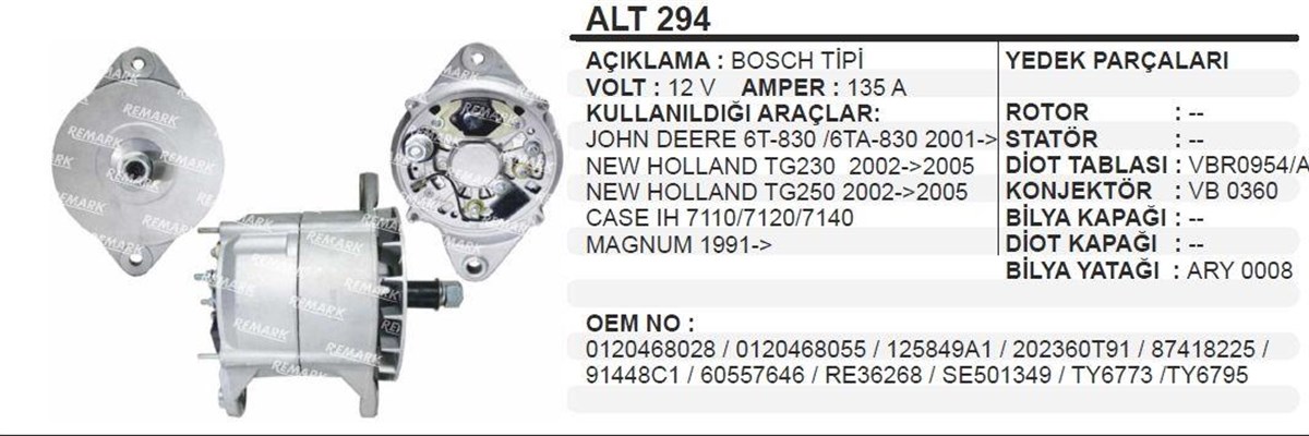 Alternatör 12V 135Ah Bosch Tipi Johndere New Holland Case 02 05 Tc56 Tg230 Biçerdöver