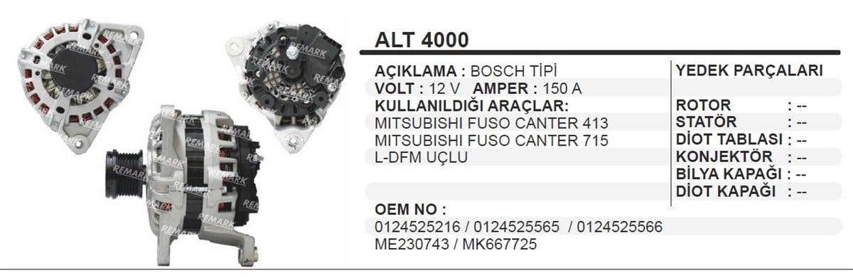 Alternatör 12V 140Ah Mıtsubıshı Canter Fuso Fe Temsa Prestij Euro5 0124525565 Remark Alt4000 0124525565 0124525566