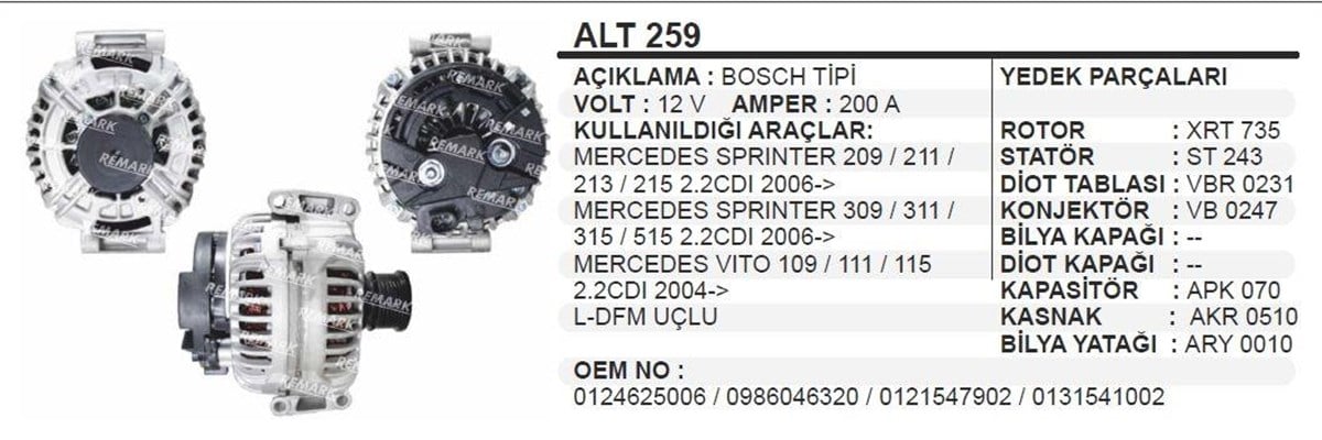 Alternatör 12V 200Ah Mercedes Sprinter Alt259 