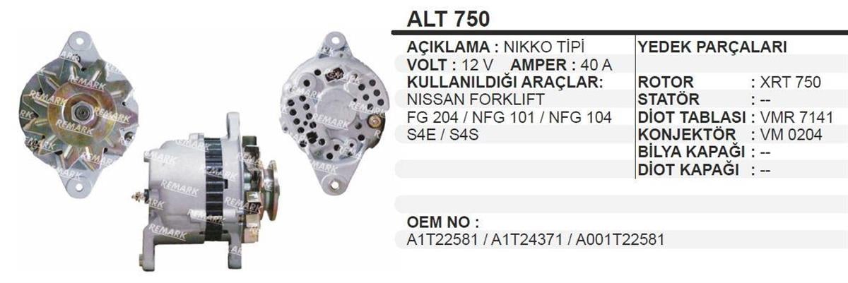 Alternatör 12V 40Ah Isuzu Foklift Nissan | Martek Alt750