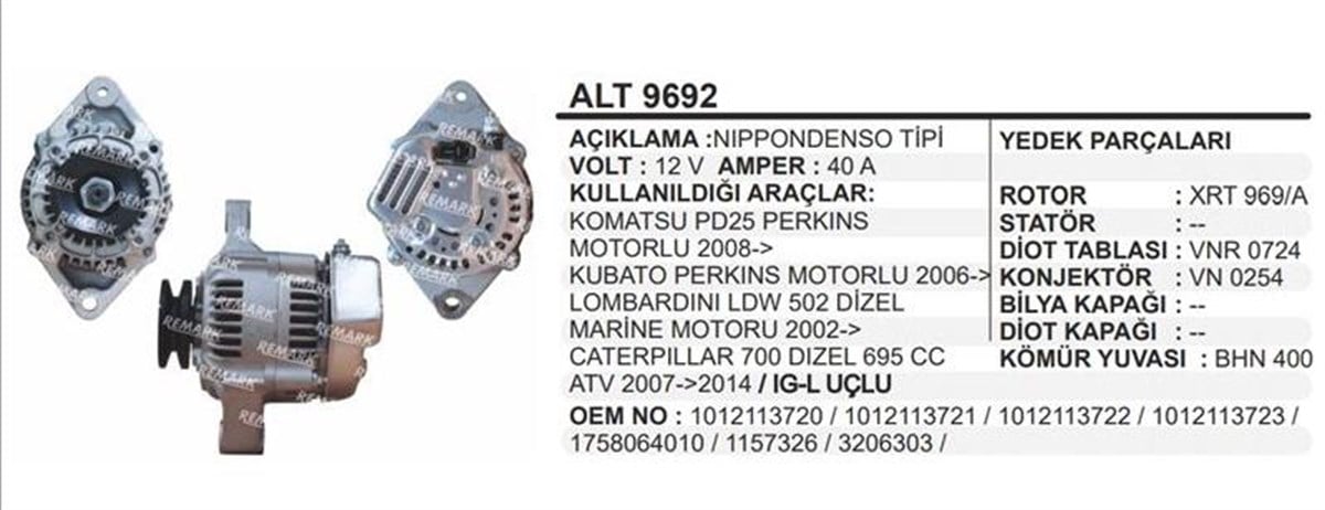 Alternatör 12V 40Ah Komatsu Perkins Motorlu Kubota Lombardini Ldw502 Dizel Marine Motorlu Daihatsu