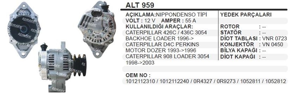 Alternatör 12V 55Ah Cat 426C 3054 Caterpıllar Loader Forklift Dozer Perkıns Motor Alt959