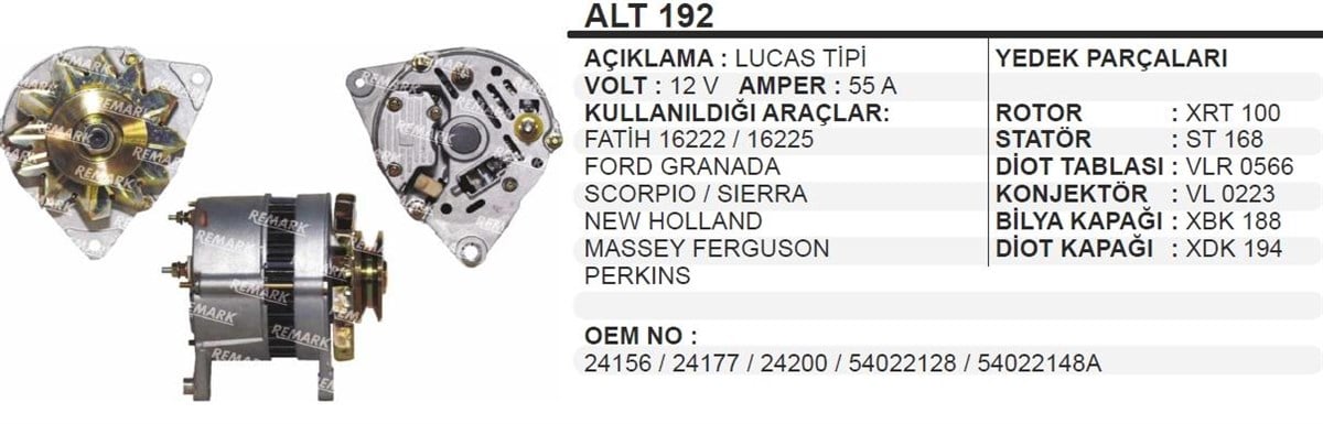Alternatör 12V 60Ah Fatih Lucas Tip Alt192 Ford Escort Taunus 70A Lucas