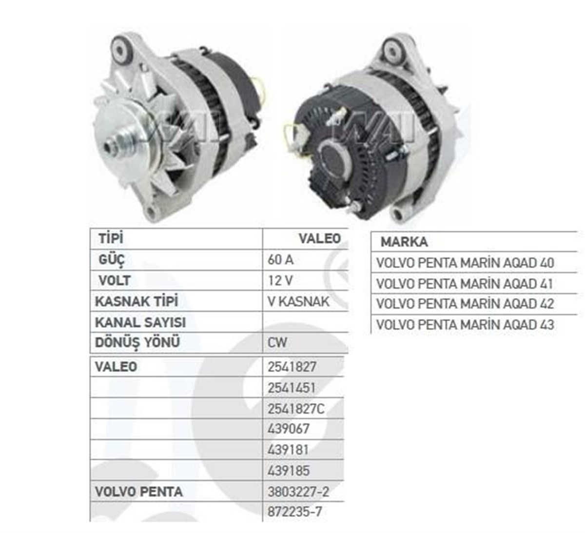 Alternatör 12V 60Ah Volvo Penta Marin Aqad40 Volvo Penta Engine Md27 Md29 Md3 Md71 Serisi Aqad40 41 42 43 Lastikli Dinamo