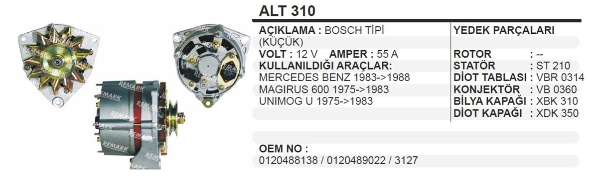 Alternatör 12V 65Ah Mercedes Magirus 3Ayak Alt310