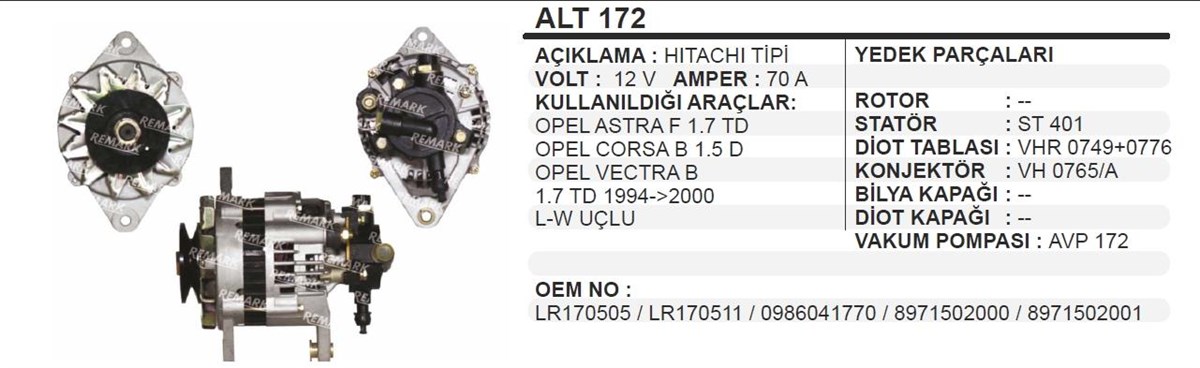 Alternatör 12V 70Ah 2Fişli Opel Astra Combo Alt172