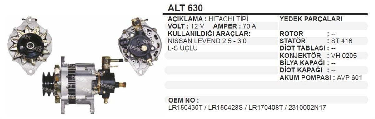 Alternatör 12V 70Ah Hıtachı Bmc Levent 2 5 3 0 2Fişli (Büyük Vakum) Kare Soket