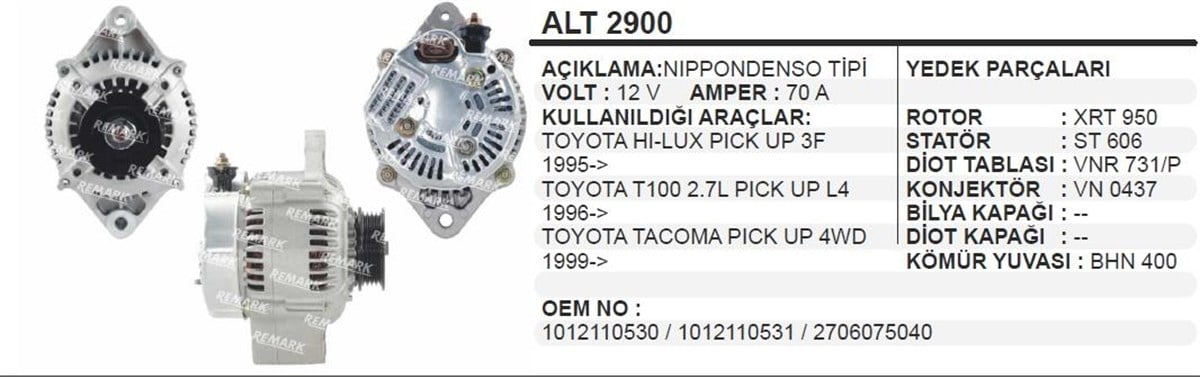 Alternatör 12V 70Ah Toyota Hılux Densotip Alt2900
