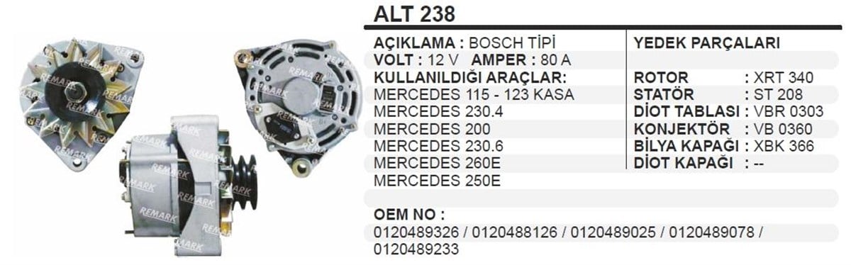 Alternatör 12V 80Ah 2Pk Mercedes Binek 115 123 Kasa 230 4 200 230 6 260E 250E Alt238