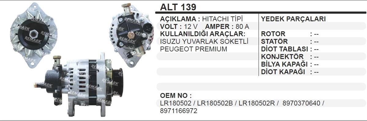 Alternatör 12V 80Ah Peugeot Premium Isuzu J9 Alt139