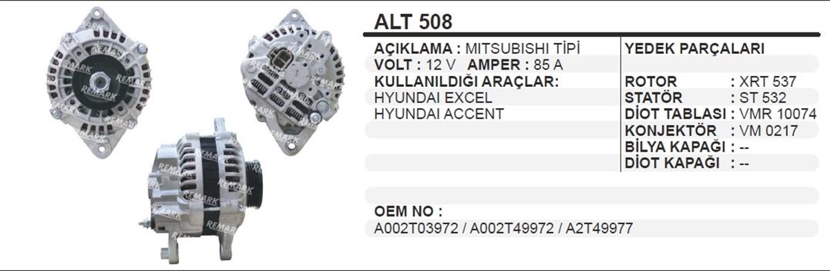 Alternatör 12V 85Ah Hyundai Exel Accent Proton Alt508