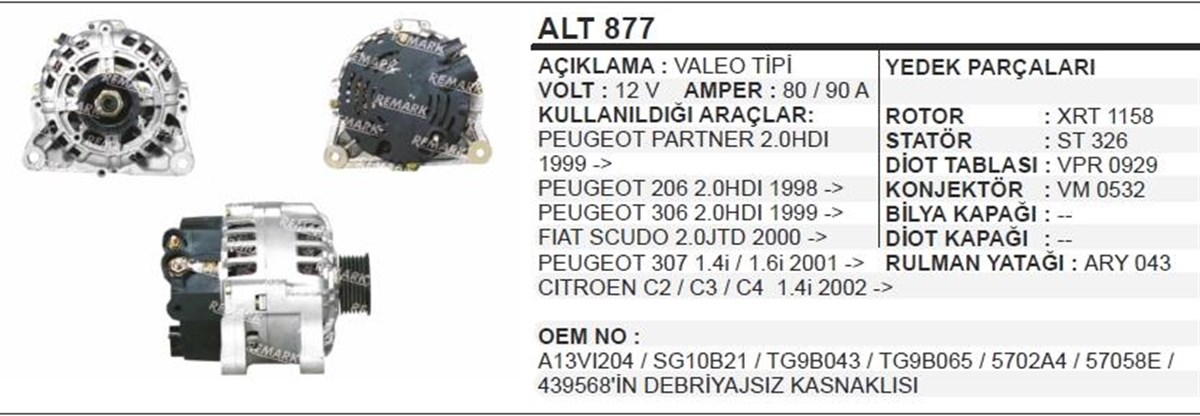 Alternatör 12V 90Ah Başlıklı Pejo Partner Cıtroen (Başlıklı Cıvatalı) Alt877