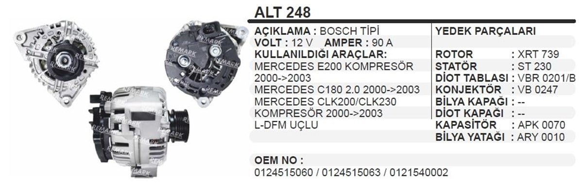 Alternatör 12V 90Ah Bosch Tipi Merc Clk Alt248