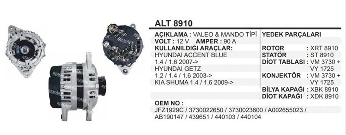 Alternatör 12V 90Ah Hyundai Accent Era Getz Kia Shuma 3730022650 3730023600 A002655023