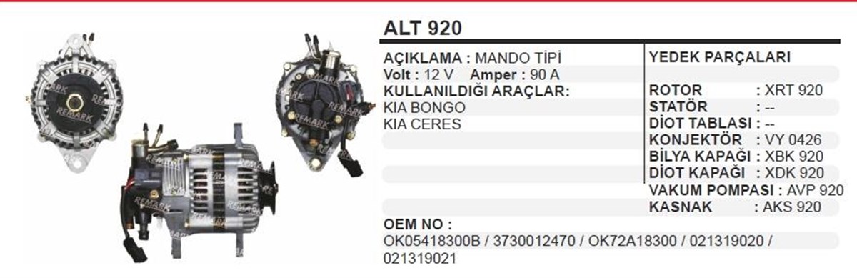 Alternatör 12V 90Ah Kia Bongo Cerez Alt920
