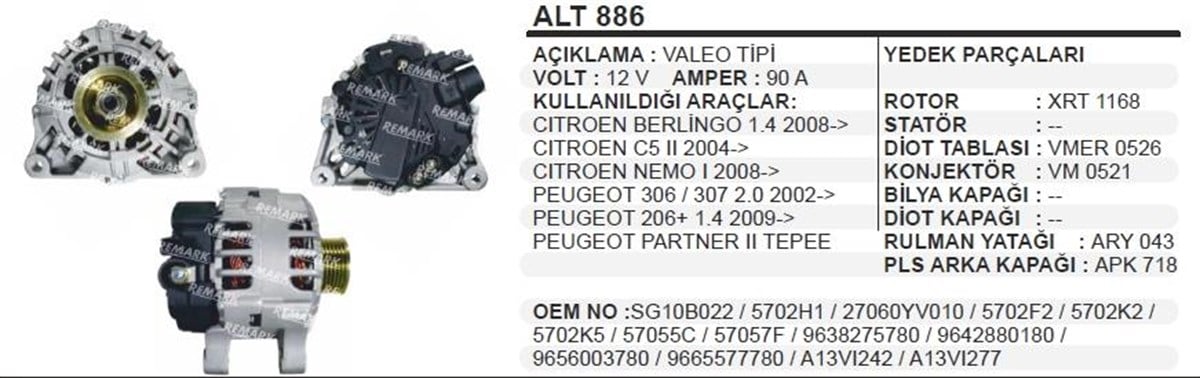 Alternatör 12V 90Ah Soketli Pejo Partner Cıt Berlingo (Soketli) Dan515 Wut 23166 Wut 24079 Alt866