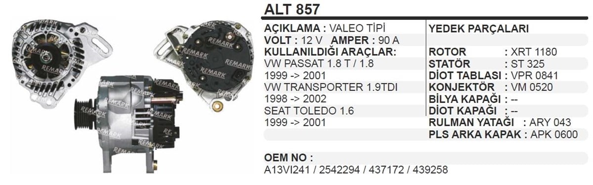 Alternatör 12V 90Ah Vw Passat Octavıa Alt857