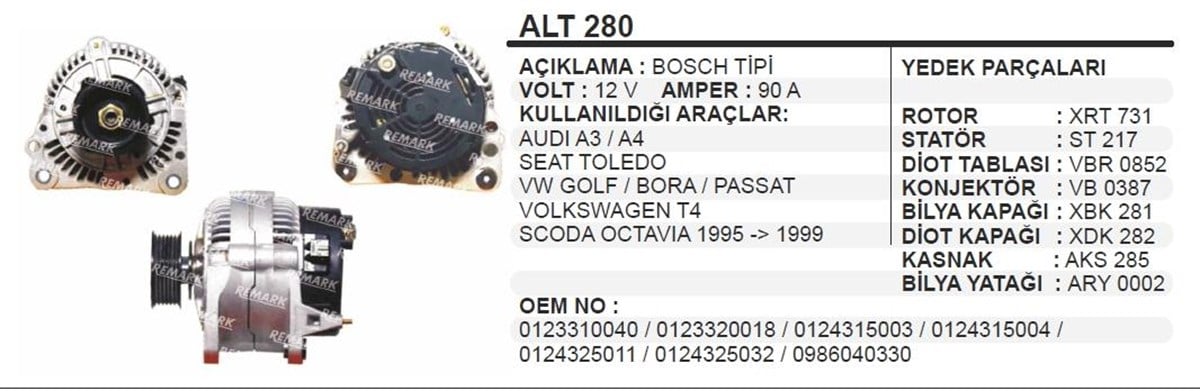 Alternatör 12V 90Ah Vw T4 Audi Golf Seat Skoda Alt280