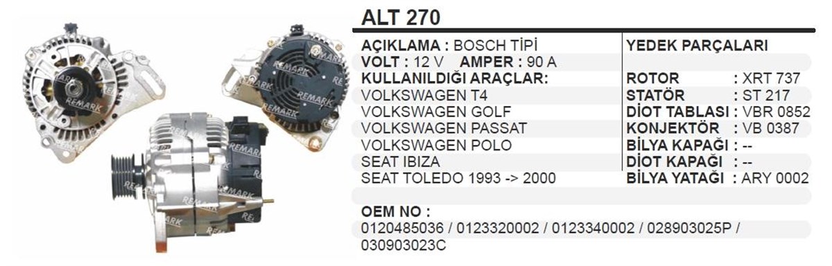 Alternatör 12V 90Ah Vw Transporter Golf Passat Polo Seat İbiza Toledo Alt270