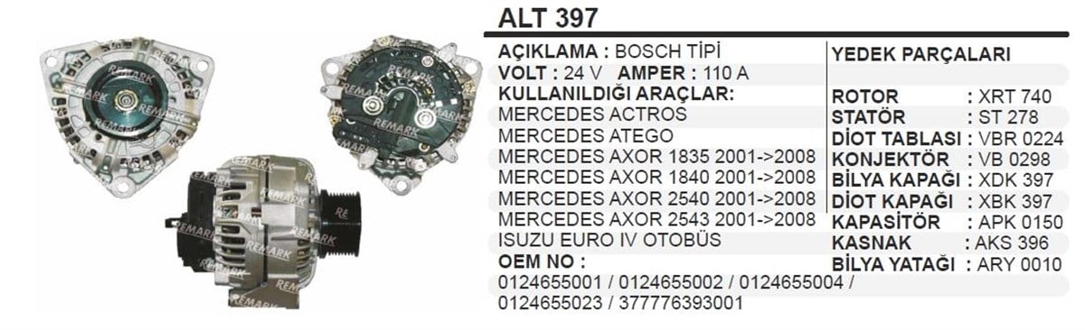 Alternatör 24V 110Ah Mercedes Axor Actros Alt397