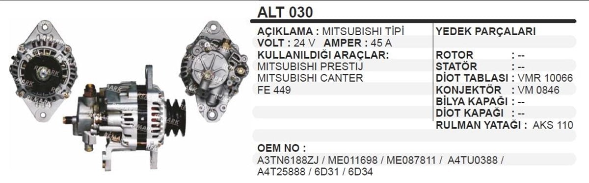 Alternatör 24V 45Ah Mıtsubıshı Canter Fe449 Prestij Alt030