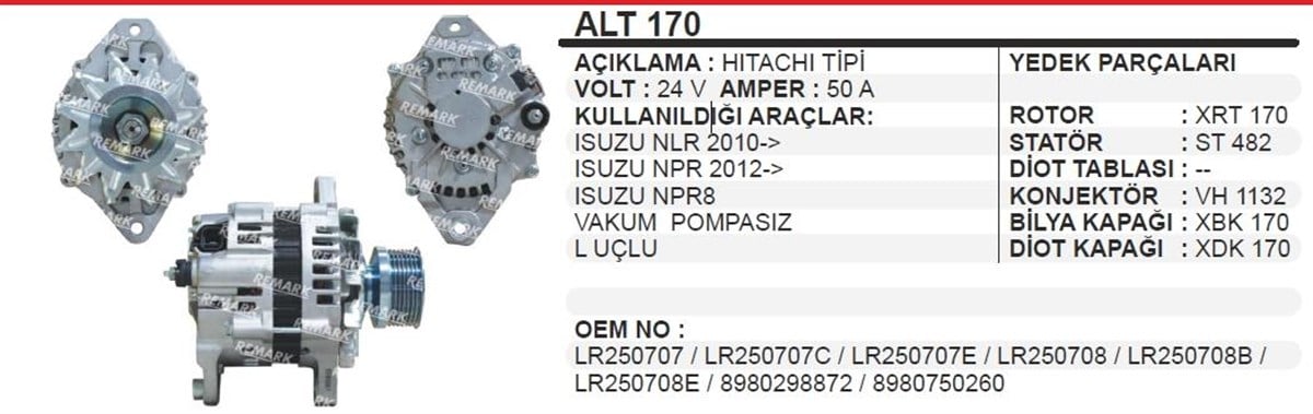 Alternatör 24V 50Ah Isuzu Nqr Nkr Vaksuz Wwalt3150