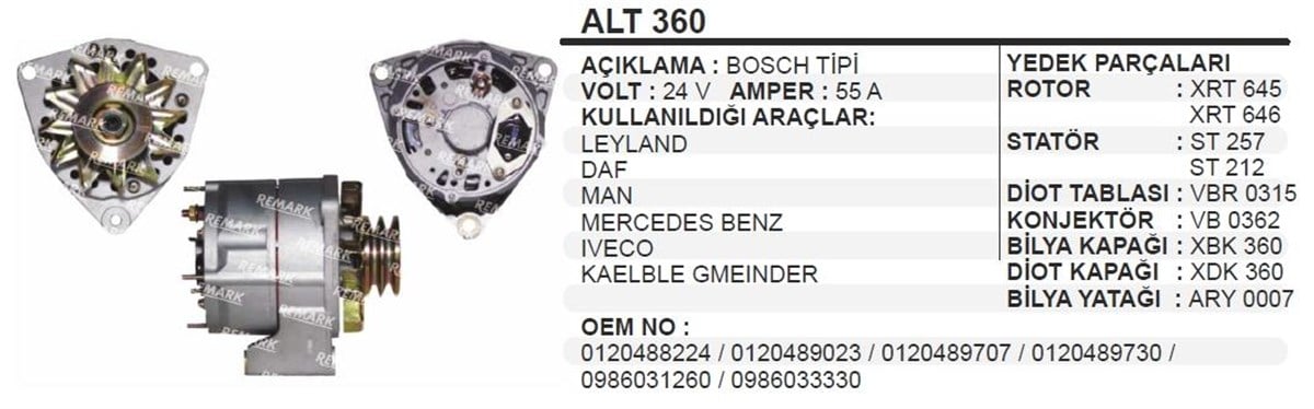 Alternatör 24V 55Ah Merceces 2521 3130 Kamyon Alt360