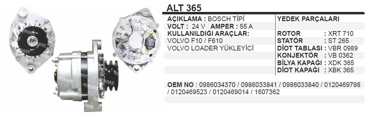 Alternatör 24V 55Ah Volvo Penta Deniz Motor Bmc Dev Fatih Ford Cargo Volvo Excavatör/Volvo Penta Alt365